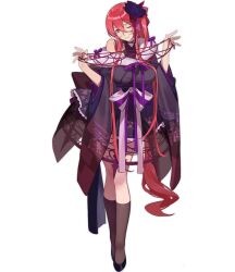Rule 34 | 1girl, ark order, black footwear, black kimono, black socks, bow, cat&#039;s cradle, detached sleeves, flower, full body, fur collar, hair between eyes, hair flower, hair ornament, high heels, japanese clothes, jorougumo (ark order), kimono, long hair, long sleeves, obi, official art, one eye closed, parted lips, purple bow, purple flower, purple rose, purple sash, red cucumber, red hair, rose, sash, shoes, side ponytail, sidelocks, single bare shoulder, single detached sleeve, smile, socks, solo, striped bow, tachi-e, transparent background, variant set, very long hair, white bow, wide sleeves, yellow eyes