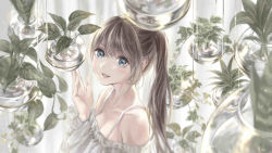 Rule 34 | 1girl, absurdres, blue eyes, breasts, brown hair, cleavage, hand up, hanging plant, highres, marutani, original, plant, ponytail, smile, solo, spaghetti strap, vase, water