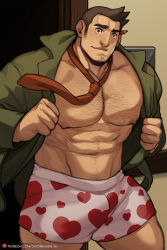 Rule 34 | 1boy, abs, ace attorney, bandaid, bandaid on cheek, bandaid on face, bara, bare pectorals, boxers, brown hair, bulge, chest hair, coat, cowboy shot, dick gumshoe, facial hair, green coat, heart, heart boxers, heart print, jimsdaydreams, large pectorals, looking at viewer, male focus, male underwear, mature male, muscular, muscular male, navel, navel hair, necktie, nipples, no pants, open clothes, open coat, pectorals, pencil, pink male underwear, print clothes, print male underwear, short hair, sideburns, solo, stomach, stubble, thick thighs, thighs, underwear