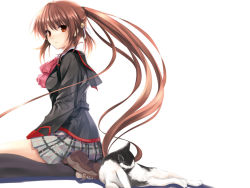 Rule 34 | 1girl, bow, cat, cradle (circle), kneehighs, little busters!, long hair, misaki kurehito, natsume rin, pink bow, ponytail, red eyes, school uniform, shoes, sitting, socks, solo, visual art&#039;s