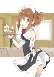 Rule 34 | 10s, 1girl, :o, absurdres, alternate costume, apron, ass, backless dress, backless outfit, bad id, bad pixiv id, brown eyes, brown hair, butt crack, cafe, cake, cherry, clothes lift, cowboy shot, dress, enmaided, folded ponytail, food, frilled apron, frills, from side, fruit, hair between eyes, hair ornament, hairclip, hasegawa (rarairairai), highres, holding, holding tray, ice cream, inazuma (kancolle), indoors, kantai collection, looking at viewer, looking back, lowleg, lowleg panties, maid, maid headdress, open mouth, panties, sidelocks, skirt, skirt lift, solo, sundae, thighhighs, tray, underwear, upskirt, waist apron, white panties, white thighhighs, window