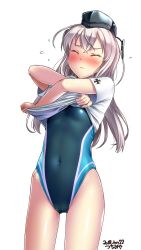 Rule 34 | &gt; &lt;, 1girl, artist name, blue one-piece swimsuit, blush, cameltoe, closed mouth, commentary request, competition swimsuit, cross, gluteal fold, hair between eyes, headgear, highres, iron cross, kantai collection, long hair, navel, one-piece swimsuit, shirt, simple background, solo, standing, swimsuit, swimsuit under clothes, t-shirt, thighs, tsuchimiya, u-511 (kancolle), undressing, white background, white hair, white shirt