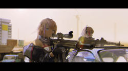 Rule 34 | 2girls, ar-15, assault rifle, blue eyes, blurry, blurry background, car, day, girls&#039; frontline, gloves, gun, hair ornament, highres, holding, holding weapon, jacket, left-handed, letterboxed, m4 carbine, m4 sopmod ii (girls&#039; frontline), motor vehicle, multicolored hair, multiple girls, novelance, pink hair, red eyes, rifle, scarf, scenery, scope, st ar-15 (girls&#039; frontline), weapon
