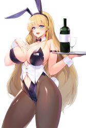 Rule 34 | 1girl, animal ears, areola slip, azur lane, bare shoulders, blonde hair, blue eyes, blush, breasts, buttons, character name, cleavage, clothing cutout, commentary request, cup, detached collar, drinking glass, fake animal ears, glass bottle, hand on own chest, highres, holding, large breasts, leotard, looking at viewer, navel, navel cutout, north carolina (azur lane), open mouth, pantyhose, playboy bunny, rabbit ears, rabbit tail, shiny clothes, shiny skin, simple background, smile, snowball22, solo, strapless, strapless leotard, tail, thighs, tray, white background, wrist cuffs