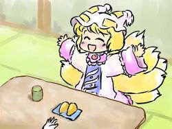 Rule 34 | 1girl, arms up, blonde hair, closed eyes, cup, dress, female focus, fox tail, happy, hat, hat with ears, long sleeves, mikashimo, mikasimo, multiple tails, open mouth, pink dress, plate, short hair, sitting, smile, tabard, table, tail, tatami, teacup, touhou, wide sleeves, yakumo ran