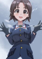 Rule 34 | 1girl, absurdres, black gloves, blue jacket, brown eyes, brown hair, commentary, girls und panzer, gloves, green shirt, grey sky, highres, jacket, lazurite (user 8870367), long sleeves, looking at viewer, military uniform, ooarai military uniform, open mouth, outdoors, overcast, parted bangs, sawa azusa, shirt, short hair, sky, smile, snowing, solo, uniform