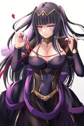 Rule 34 | 1girl, absurdres, black feathers, black hair, blush, breasts, bridal gauntlets, bridal veil, brooch, choker, circlet, cleavage, covered navel, cut bangs, dress, feathers, fire emblem, fire emblem awakening, fire emblem heroes, gold trim, highres, jewelry, large breasts, long hair, looking at viewer, nintendo, official alternate costume, reia hana, smile, solo, string, string of fate, tharja (bridal) (fire emblem), tharja (fire emblem), veil, watermark, wedding dress