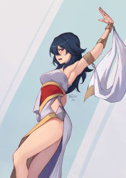 Rule 34 | 1girl, alternate costume, arm up, blue eyes, blue hair, blush, breasts, byleth (female) (fire emblem), byleth (fire emblem), clothing cutout, commentary, dancer (fire emblem: three houses), embarrassed, fire emblem, fire emblem: three houses, highres, long hair, medium breasts, nintendo, open mouth, phrecklesart, simple background, solo, standing, thighs