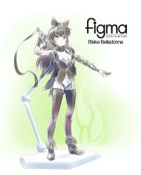 Rule 34 | 1girl, black hair, blake belladonna, character doll, character name, doll joints, drawing sword, eyeliner, female focus, figma, figure, full body, gradient background, highres, holding, holding sword, holding weapon, iesupa, joints, makeup, navel, pantyhose, rwby, sheath, solo, sword, unsheathing, weapon, weapon on back, yellow eyes