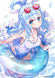 Rule 34 | 1girl, bare arms, blue eyes, blue hair, blush, breasts, character name, cleavage, closed mouth, eyewear on head, hair between eyes, hololive, hololive indonesia, hong (white spider), innertube, kobo kanaeru, long hair, looking away, medium breasts, multicolored hair, one-piece swimsuit, sideways glance, smile, solo, streaked hair, sunglasses, swim ring, swimsuit, very long hair, virtual youtuber, water, white hair, white one-piece swimsuit
