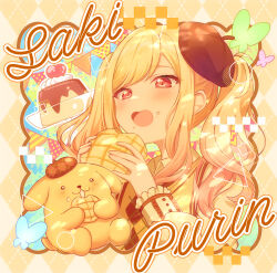 Rule 34 | 1girl, blonde hair, bread, brown hat, character name, character request, food, hat, highres, holding, holding food, long hair, long sleeves, lushuao, melon bread, open mouth, pompompurin, red eyes, sanrio, shirt, solo, twintails, vest, yellow shirt, yellow vest