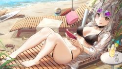 Rule 34 | 1girl, :q, ball, barefoot, beach, beachball, bikini, black bikini, black choker, breasts, brown eyes, cellphone, chair, choker, cleavage, closed mouth, day, eyewear on head, halterneck, highres, large breasts, lounge chair, lying, on back, open clothes, open shirt, original, outdoors, phone, pointy ears, see-through, shirt, sidelocks, silver hair, slit, smartphone, smile, solo, string bikini, sunglasses, swimsuit, thighs, tongue, tongue out, wet.elephant, white shirt