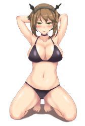 Rule 34 | 10s, 1girl, alternate costume, arms behind back, bare arms, bare legs, barefoot, bikini, black bikini, breasts, cleavage, full body, green eyes, headgear, highres, kantai collection, kneeling, large breasts, light brown hair, looking back, monoku, mutsu (kancolle), navel, shadow, simple background, solo, stomach, swimsuit, tongue, tongue out, white background