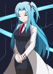 Rule 34 | 1girl, angela (project moon), black pantyhose, blue hair, closed mouth, coat, cowboy shot, hair intakes, kinohal95, lab coat, legs together, lobotomy corporation, long hair, long sleeves, necktie, one side up, open clothes, open coat, own hands together, pantyhose, project moon, red necktie, smile, solo, white coat