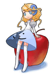 Rule 34 | 1girl, apple, blonde hair, food, fruit, os-tan, os9, oversized food, oversized object, solo, thighhighs