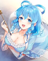 Rule 34 | 1girl, :d, arms under breasts, blue dress, blue eyes, blue hair, blush, breasts, dress, drill hair, drill sidelocks, frills, from above, gradient background, grey background, hagoromo, hair ornament, hair rings, hair stick, highres, holding, holding stick, kaku seiga, large breasts, looking at viewer, medium hair, open mouth, puffy short sleeves, puffy sleeves, shawl, short sleeves, sidelocks, simple background, smile, solo, stick, touhou, user mmep4448, vest, white vest