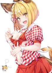 Rule 34 | 1girl, :d, absurdres, alternate costume, animal ears, blonde hair, blouse, blunt bangs, blush, braid, breasts, chocolate, chocolate on body, chocolate on breasts, dog ears, dog tail, erune, fang, food on body, granblue fantasy, hair ornament, heart, heart hair ornament, highres, hyouta (yoneya), imagining, lips, looking at viewer, navel, nipples, open clothes, open mouth, open shirt, plaid, plaid skirt, puffy short sleeves, puffy sleeves, red shirt, red skirt, shirt, short hair, short sleeves, simple background, skirt, smile, tail, upper body, vajra (granblue fantasy), valentine, white background, wrist cuffs, yellow eyes