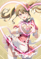Rule 34 | 1girl, alice gear aegis, alternate hairstyle, apron, black ribbon, blush, brown hair, character name, commentary request, cuffs, dress, frilled apron, frilled dress, frilled sleeves, frills, handcuffs, headdress, heart, heart hands, highres, maid, one eye closed, pinakes, purple eyes, ribbon, shimoochiai touka, solo, thighhighs, twintails, white apron, white thighhighs, wrist cuffs