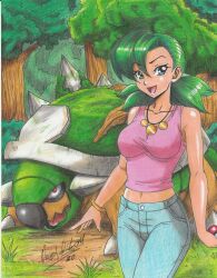 Rule 34 | 1girl, 1other, 2020, absurdres, aqua eyes, artist name, bare shoulders, bracelet, breasts, claws, collarbone, cowboy shot, creatures (company), denim, diana (pokemon), forest, game freak, gen 4 pokemon, grass, green hair, highres, holding, holding poke ball, horns, jeans, jewelry, large breasts, medium breasts, nature, navel, neck, necklace, nintendo, open mouth, outdoors, pants, pink shirt, poke ball, pokemon, pokemon (anime), pokemon (classic anime), pokemon (creature), pokemon 4ever - celebi: the voice of the forest, ponytail, ravernclouk design, red eyes, shirt, sleeveless, spikes, standing, torterra, traditional media, tree, turtle, turtle shell, wide hips