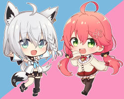 Rule 34 | 2girls, ahoge, animal ear fluff, animal ears, armpits, bell, black footwear, black shorts, black thighhighs, blue background, blue neckerchief, blush, braid, chibi, commentary request, detached sleeves, double fox shadow puppet, earrings, fox ears, fox girl, fox shadow puppet, fox tail, garter straps, green eyes, hair between eyes, hair ornament, hairclip, highres, hololive, hood, hoodie, jewelry, jingle bell, long hair, looking at viewer, midriff, multiple girls, navel, neckerchief, open mouth, ousawa kanata, outstretched arms, pentagram, pink background, pink hair, red skirt, sakura miko, sakura miko (casual), shirakami fubuki, shirakami fubuki (1st costume), shirt, short shorts, shorts, sidelocks, simple background, single braid, single thighhigh, skirt, sweater vest, tail, thigh strap, thighhighs, twintails, virtual youtuber, white hair, white hoodie, white shirt
