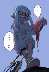 Rule 34 | 1girl, :d, ambiguous red liquid, aqua socks, beanie, bike shorts, black shorts, blue hair, blue tongue, brown footwear, colored tongue, crazy eyes, crazy smile, dark-skinned female, dark skin, fangs, grey sweater, hat, inkling, inkling girl, inkling player character, blue background, light blue hair, long hair, long sleeves, multiple piercings, nintendo, open mouth, pink eyes, pointy ears, shorts, simple background, smile, socks, solo, splatana wiper (splatoon), splatoon (series), sweater, tentacle hair, teo (teorekka), translation request