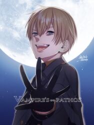 Rule 34 | 1boy, :d, bags under eyes, black capelet, black gloves, black jacket, black necktie, blonde hair, blue eyes, bright pupils, brown shirt, capelet, collared shirt, fangs, full moon, gloves, hair between eyes, highres, jacket, kagamine len, light particles, looking at viewer, male focus, moon, necktie, night, open hand, open mouth, outstretched hand, shirt, short hair, signature, smile, solo, song name, star (sky), suzunosuke (sagula), teeth, tongue, tongue out, upper body, upper teeth only, v-shaped eyebrows, vampire&#039;s pathos (vocaloid), vocaloid, white pupils
