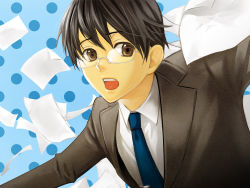 Rule 34 | 1boy, action, black hair, blue theme, bokuto, flying paper, formal, glasses, highres, hiyama kiyoteru, male focus, necktie, paper, solo, suit, vocaloid
