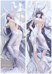 Rule 34 | 1girl, ;), absurdly long hair, animal ears, armlet, artist request, ass, azur lane, backless dress, backless outfit, bad id, bad pixiv id, bare back, barefoot, bed sheet, between breasts, between buttocks, black footwear, blush, breasts, bridal veil, bride, butt crack, center opening, check artist, clothes lift, cloud, commentary request, crack, cracked floor, dakimakura (medium), day, dress, earclip, fake animal ears, flower, full body, gloves, gluteal fold, hand on own hip, hand on railing, hand up, high heels, highres, jewelry, leaning forward, linked piercing, long dress, long hair, looking at viewer, looking back, lying, multiple views, navel, new jersey (azur lane), new jersey (snow-white ceremony) (azur lane), official alternate costume, on back, on bed, one eye closed, panties, pendant, petals, piercing, rabbit ears, railing, ribao, rose, see-through, skindentation, sky, smile, stairs, standing, standing on one leg, stiletto heels, strap lift, strapless, strapless dress, underwear, veil, very long hair, wedding dress, white dress, white flower, white gloves, white panties, white rose