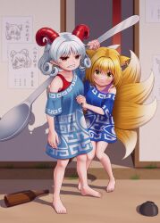 Rule 34 | 2girls, absurdres, aged down, animal ears, barefoot, blonde hair, blue dress, blush, bottle, bowl, commentary request, curled horns, curly hair, dress, earrings, fox ears, fox girl, fox tail, full body, grey hair, highres, holding, holding spoon, horns, jewelry, kitsune, looking at viewer, meandros, multiple girls, multiple tails, oversized object, pointy ears, red horns, sharp teeth, sheep horns, short hair, single bare shoulder, single earring, spoon, standing, tail, tatsu toyoyo, teeth, touhou, toutetsu yuuma, translation request, yakumo ran, yellow eyes