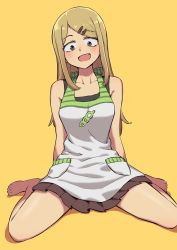 Rule 34 | 1girl, :d, absurdres, apron, bare arms, bare legs, bare shoulders, barefoot, blonde hair, brown eyes, collarbone, commentary, dagashi kashi, endou saya, fang, hair ornament, hairclip, highres, long hair, looking at viewer, oogushi aritomo, open mouth, sanpaku, simple background, sitting, smile, solo, wariza, yellow background