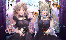 Rule 34 | 2girls, animal ears, black dress, blonde hair, blue hair, blue nails, blush, bow, brown hair, candy, collarbone, decorations, dress, fake animal ears, food, hair bow, halloween, highres, holding, indoors, long hair, looking at viewer, multiple girls, nail polish, off shoulder, original, pumpkin print, puracotte, purple eyes, red nails, smile, sticker on face, twintails, wavy hair