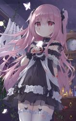 Rule 34 | 1girl, black choker, black dress, blood, blood on face, blood on hands, blood stain, blush, bug, butterfly, choker, commentary, dress, earrings, empty eyes, english commentary, flat chest, frilled dress, frilled straps, frilled thighhighs, frills, garter straps, halloween, highres, hololive, insect, jewelry, knife, knife behind back, lace, lace choker, long hair, maeru, off-shoulder dress, off shoulder, pink hair, red eyes, see-through, see-through sleeves, short dress, short sleeves, skull earrings, solo, thighhighs, two side up, uruha rushia, uruha rushia (3rd costume), virtual youtuber, white garter straps, white thighhighs, wristband, yandere
