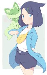 Rule 34 | 1girl, black hair, black shorts, blue eyes, blue jacket, closed mouth, creatures (company), game freak, grey background, hair ornament, hairclip, heart, highres, jacket, kohaku q, liko (pokemon), looking at viewer, nintendo, open clothes, open jacket, pokemon, pokemon (anime), pokemon (creature), pokemon horizons, shirt, short hair, shorts, simple background, smile, sprigatito, standing, thighs, two-tone background, white background, white shirt