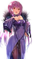 Rule 34 | 1girl, breasts, brown pantyhose, cleavage, commentary request, covered navel, dress, fate/grand order, fate (series), fur-trimmed dress, fur trim, hair between eyes, hand on own hip, highres, long hair, long sleeves, looking at viewer, nonohachi, open mouth, pantyhose, pink hair, purple dress, red eyes, scathach (fate), scathach skadi (fate), simple background, solo, tiara, white background