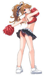 Rule 34 | 1girl, absurdres, ahoge, alternate costume, alternate hairstyle, ass, backbone, bare legs, bare shoulders, blush, bow, breasts, cheering, cheerleader, floating hair, grin, hair bow, hand up, headset, highres, holding, holding pom poms, idolmaster, idolmaster million live!, large breasts, looking at viewer, looking back, miniskirt, off shoulder, one eye closed, outstretched arm, panties, panty peek, pdal (pdalhhh), pleated skirt, pom pom (cheerleading), pom poms, ponytail, red panties, shoes, sideboob, sidelocks, simple background, skirt, smile, sneakers, solo, sweatdrop, tank top, tokoro megumi, twisted torso, underwear, white background