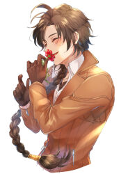 Rule 34 | 1boy, :d, ^ ^, antenna hair, black gloves, black undershirt, blush, braid, brown hair, brown jacket, bungou to alchemist, closed eyes, collared shirt, cropped torso, flower, gloves, hair over shoulder, hair tubes, hands up, happy, holding, holding flower, jacket, leather, leather jacket, long hair, long sleeves, male focus, oda sakunosuke (bungou to alchemist), open collar, open mouth, parted bangs, profile, red flower, shirt, single braid, smelling flower, smile, tuan zi (son5), white shirt, zipper pull tab