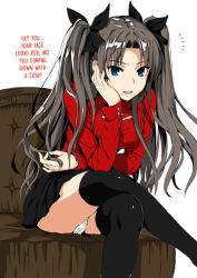 Rule 34 | 1girl, ^^^, black skirt, black thighhighs, blue eyes, breasts, brown hair, couch, crossed legs, english text, fate/stay night, fate (series), female focus, twirling hair, hard-translated, head rest, jpeg artifacts, kojima saya, leaning forward, long hair, long sleeves, looking at viewer, panties, pantyshot, red shirt, shirt, sitting, skirt, solo, sweater, thighhighs, thighs, third-party edit, tohsaka rin, translated, turtleneck, two side up, underwear, upskirt, white panties
