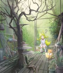 Rule 34 | 1girl, ?, absurdres, animal ears, blonde hair, blunt bangs, blush, child, commentary request, doitsuken, dress, embarrassed, flying sweatdrops, forest, fox, fox ears, fox tail, head tilt, highres, holding, holding letter, letter, long sleeves, looking at viewer, multiple tails, nature, original, plant, pot, ribbon, sandals, scenery, sitting, smile, socks, tail, thick eyebrows, torii, tree, two tails, white dress, wooden floor, yellow eyes