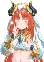 Rule 34 | 1girl, blush, breasts, brooch, cake, cake slice, circlet, closed eyes, closed mouth, commentary request, crop top, facing viewer, food, genshin impact, gold trim, hands up, happy, highres, holding, holding food, horns, jewelry, komiya latte, long hair, long sleeves, medium breasts, navel, neck ring, nilou (genshin impact), parted bangs, puffy long sleeves, puffy sleeves, raised eyebrows, red hair, smile, solo, sparkle, stomach, twintails, upper body, veil, white headwear