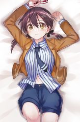 Rule 34 | 1girl, blue shorts, blush, breasts, brown eyes, brown hair, gertrud barkhorn, glasses, hair ornament, hairclip, looking at viewer, lying, navel, necktie, niina ryou, on back, open mouth, shirt, shorts, small breasts, solo, strike witches, striped clothes, striped shirt, unworn eyewear, world witches series
