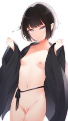 Rule 34 | 1girl, bar censor, black hair, blue eyes, blush, breasts, censored, closed mouth, collarbone, commentary request, cowboy shot, japanese clothes, kimono, long sleeves, looking at viewer, naked kimono, naki (otokuyou), navel, nipples, open clothes, open kimono, original, otokuyou, pointy ears, pussy, short hair, simple background, small breasts, solo, white background, wide sleeves