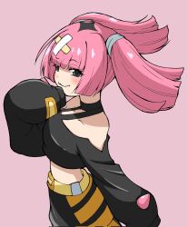 Rule 34 | 1girl, :3, bare shoulders, belt, black eyes, black shirt, blunt bangs, blush, closed mouth, coral (pokemon), creatures (company), cropped shirt, emapippi, fang, from side, game freak, highres, long hair, long sleeves, looking at viewer, midriff, nintendo, pink background, pink hair, pokemon, pokemon (anime), pokemon horizons, shirt, skin fang, sleeves past fingers, sleeves past wrists, twintails, yellow belt
