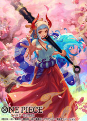 Rule 34 | 1girl, blue hair, breasts, brown eyes, cherry blossoms, club, club (weapon), copyright name, earrings, english text, feet out of frame, hakama, hakama pants, hoop earrings, horns, japanese clothes, jewelry, kanabou, kimono, large breasts, long hair, looking at viewer, multicolored hair, multicolored horns, nijimaarc, official art, one piece, open mouth, outstretched hand, pants, rope, shimenawa, sideboob, sleeveless, sleeveless kimono, weapon, white hair, yamato (one piece)