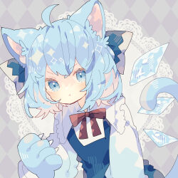 Rule 34 | 1girl, ahoge, animal ears, animal hands, argyle, argyle background, argyle clothes, blue bow, blue dress, blue eyes, blue hair, bow, cat ears, cat paws, cat tail, cirno, closed mouth, collared shirt, detached wings, doily, dress, fairy, hair bow, highres, ice, ice wings, long sleeves, nikorashi-ka, pout, shirt, short hair, solo, tail, touhou, white shirt, wings