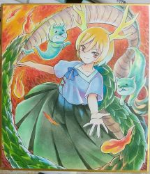 Rule 34 | 1girl, antlers, blonde hair, blue shirt, closed mouth, dragon horns, dragon tail, fire, green skirt, hair between eyes, highres, horns, kicchou yachie, looking at viewer, otter spirit (touhou), photo (medium), proton, red eyes, shirt, short hair, short sleeves, skirt, smile, tail, touhou, traditional media, turtle shell