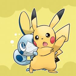 Rule 34 | blue eyes, bright pupils, closed mouth, commentary request, creatures (company), game freak, gen 1 pokemon, gen 8 pokemon, hiding, hiding behind another, mabu (dorisuto), nintendo, no humans, open mouth, outline, peeking out, pikachu, pokemon, pokemon (creature), sobble, tongue, wavy mouth
