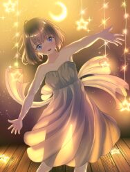 Rule 34 | 1girl, ahoge, back bow, backlighting, bare shoulders, blue eyes, blush, bob cut, bow, breasts, brown hair, collarbone, cowboy shot, dancing, dress, medium breasts, moon (ornament), nose blush, open mouth, original, outstretched arms, ribbon, see-through, see-through silhouette, short hair, smile, solo, star ornament, strapless, strapless dress, tachiinu, thighs