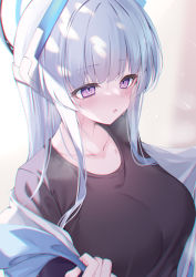 Rule 34 | 1girl, absurdres, black shirt, blue archive, blush, breasts, collarbone, gou 213, halo, highres, large breasts, long hair, mechanical halo, noa (blue archive), purple eyes, removing jacket, shirt, solo, sweat, white hair