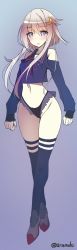 Rule 34 | 10s, 1girl, adapted costume, bare shoulders, black panties, black sailor collar, black thighhighs, crescent, crescent hair ornament, crossed legs, frilled panties, frills, full body, grey eyes, hair ornament, highres, kantai collection, navel, panties, purple background, sailor collar, short hair, short hair with long locks, silver hair, solo, standing, takeda aranobu, thighhighs, twitter username, underwear, watson cross, yayoi (kancolle)