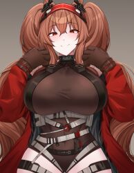 Rule 34 | 1girl, absurdres, angelina (arknights), arknights, blush, breasts, brown gloves, brown hair, brown leotard, closed mouth, coat, commentary, covered navel, english commentary, gloves, gradient background, grey background, hands up, highres, kanta (kanta 077), large breasts, leotard, long hair, long sleeves, looking at viewer, red coat, red eyes, simple background, smile, solo, twintails